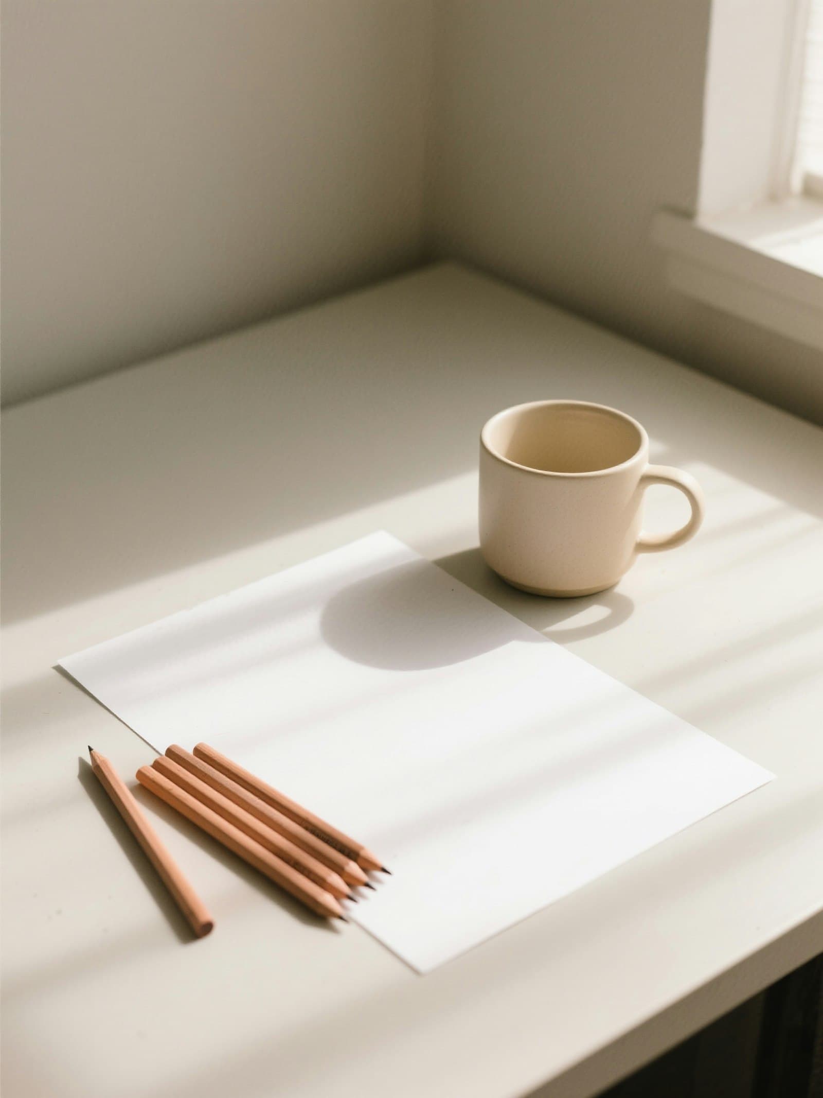 A sunlit writing desk with a blank sheet of paper, pencils and a cup