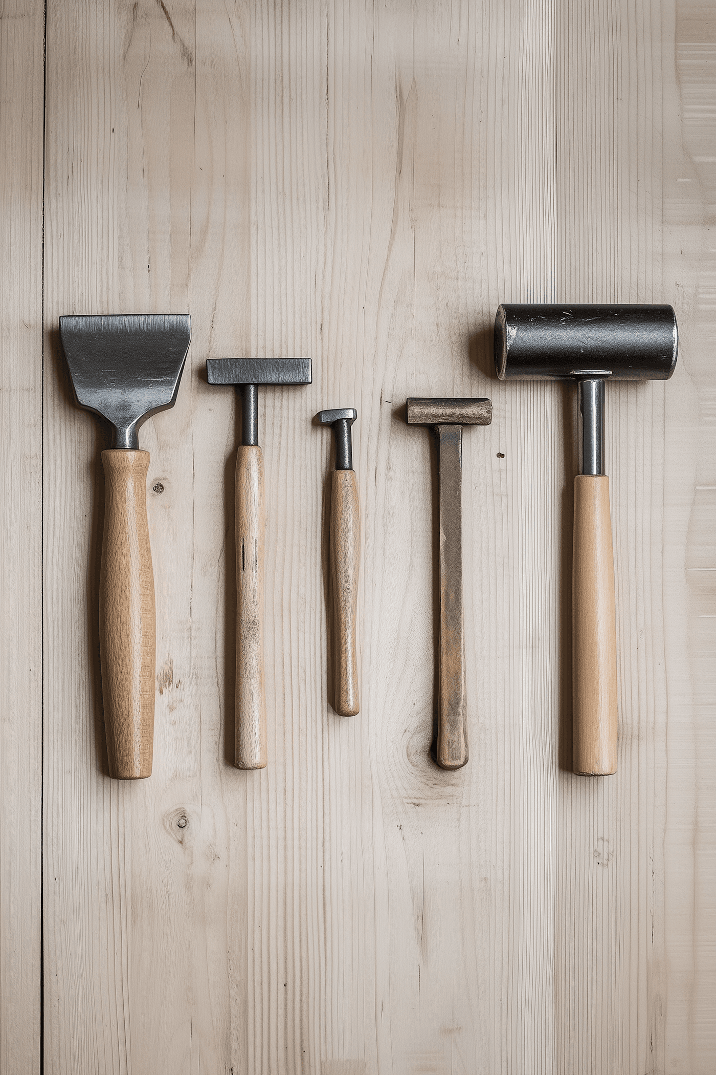 A set of woodworking hand tools arranged on a light wooden surface