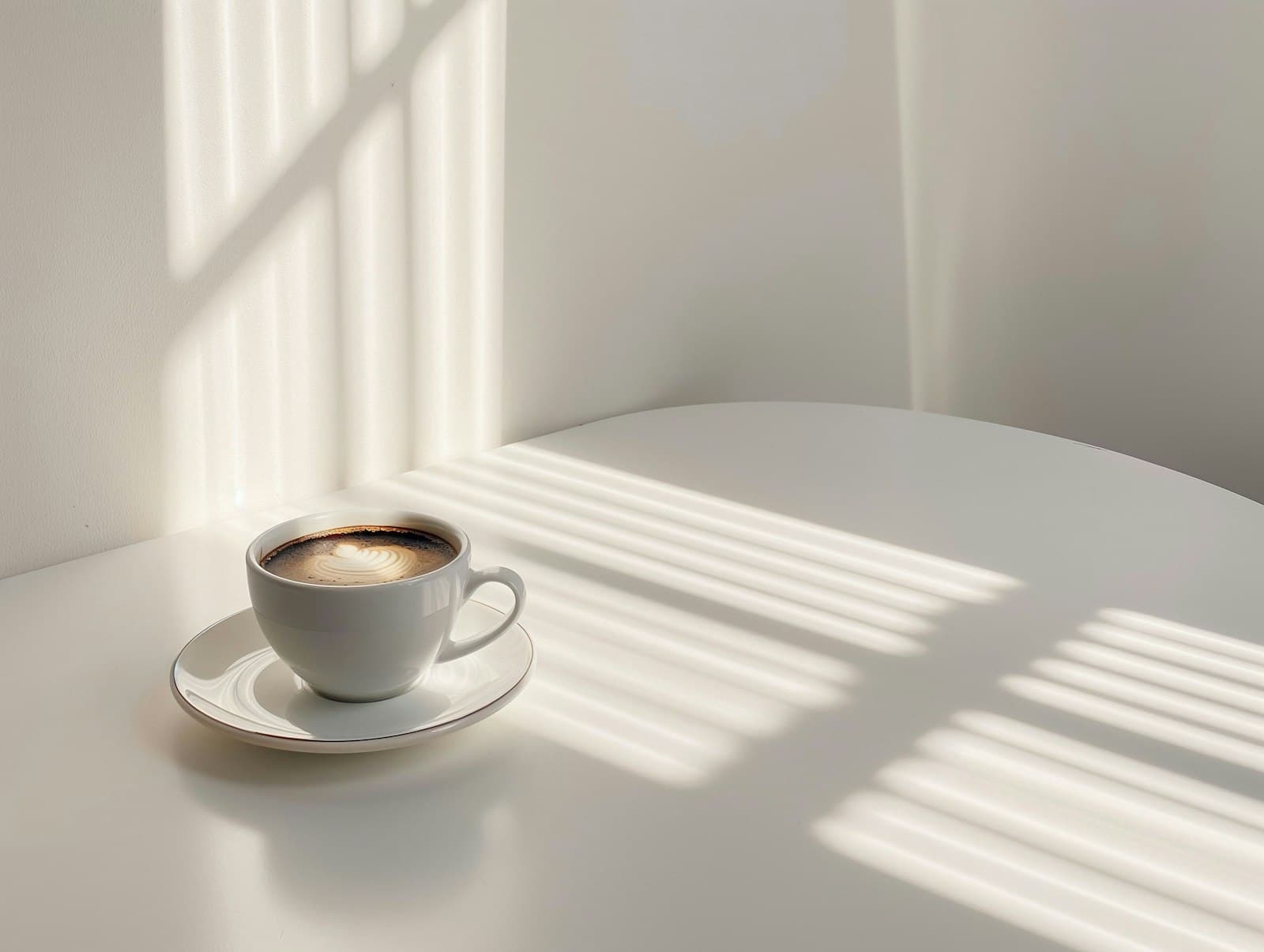 A ceramic cup and saucer on a table in early morning light