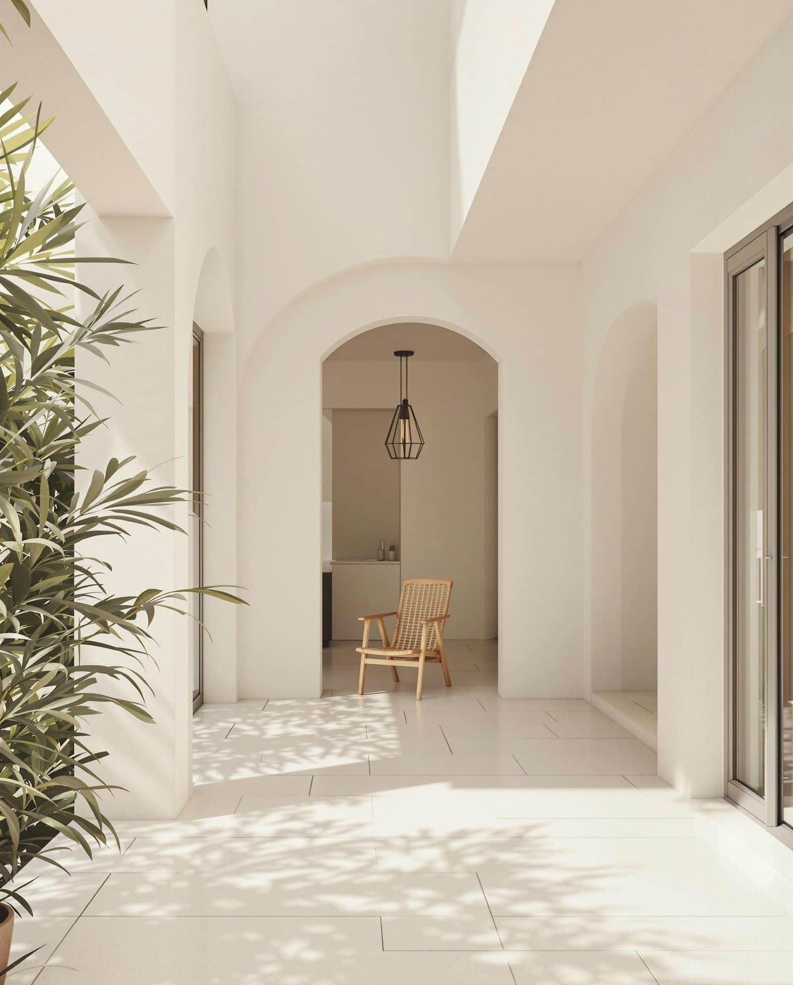 A bright minimal room with a wooden chair and plant shadows on the floor