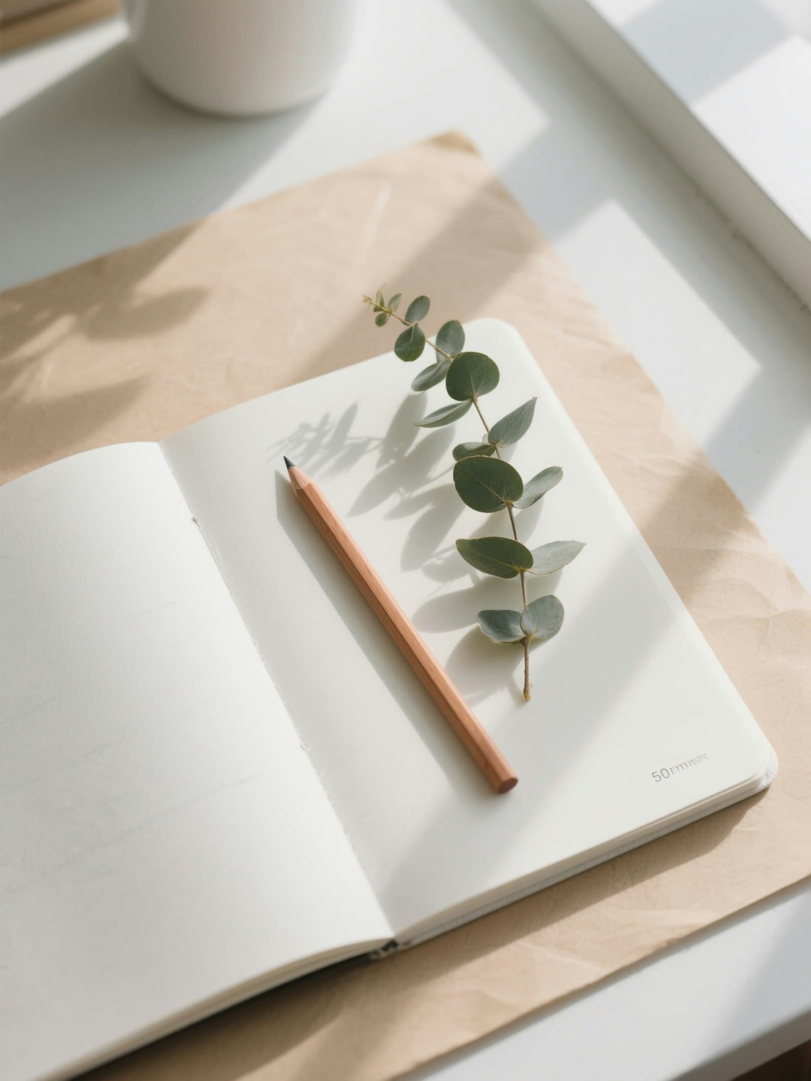 An open notebook with a wooden pencil resting on a table